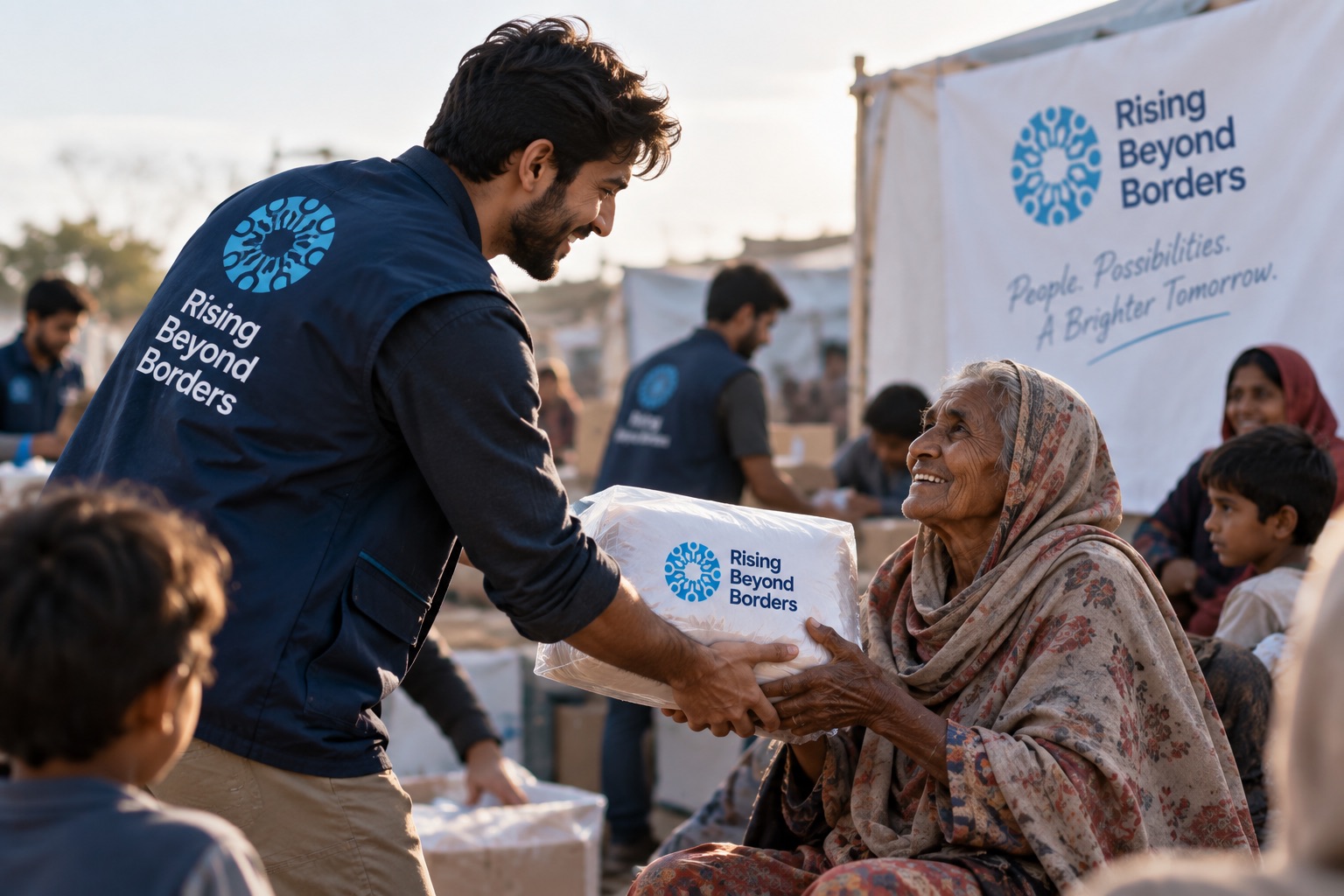 A person in a vest printed with the Rising Beyond Borders logo hands a package to a smiling older woman